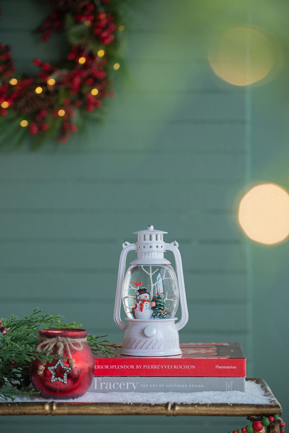 Christmas Plastic / Resin Lantern With Snowman & Tree LED / Water Spinning / 6 Hours Timer, 3*AA Batteries Required - White / Multi
