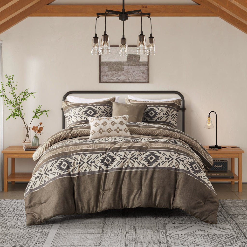 Mariposa - 5 Piece Full/Queen Stripe Herringbone Comforter Set With Throw Pillows - Brown