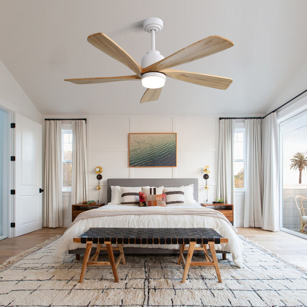 Indoor Ceiling Fan With Dimmable LED Light 5 Solid Wood Blades Remote Control Reversible DC Motor With Smart App Control