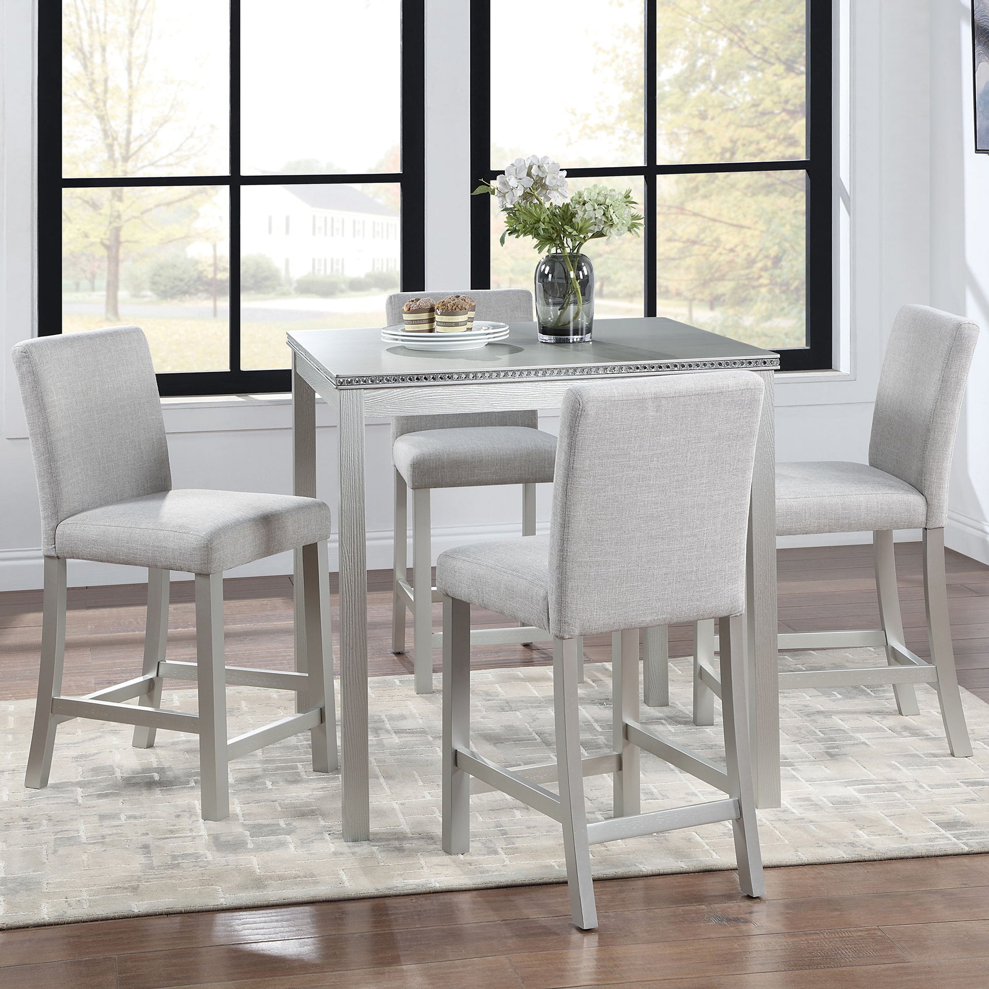 5 Piece Counter Height Table Set, Square Table And 4 Upholstered Chairs