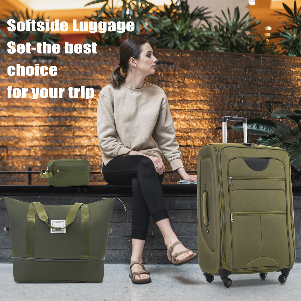 Softside Luggage 3 Piece Set With Duffel Bag 22" / 26" / 30" Lightweight Expandable Spinner Travel Case - Army Green
