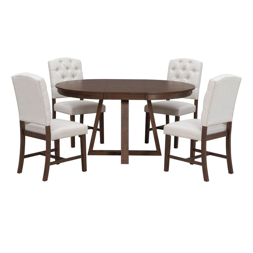 Dining Set With Leaf Round Table And 4 Upholstered Chairs