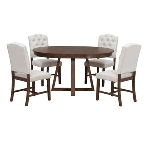 Dining Set With Leaf Round Table And 4 Upholstered Chairs