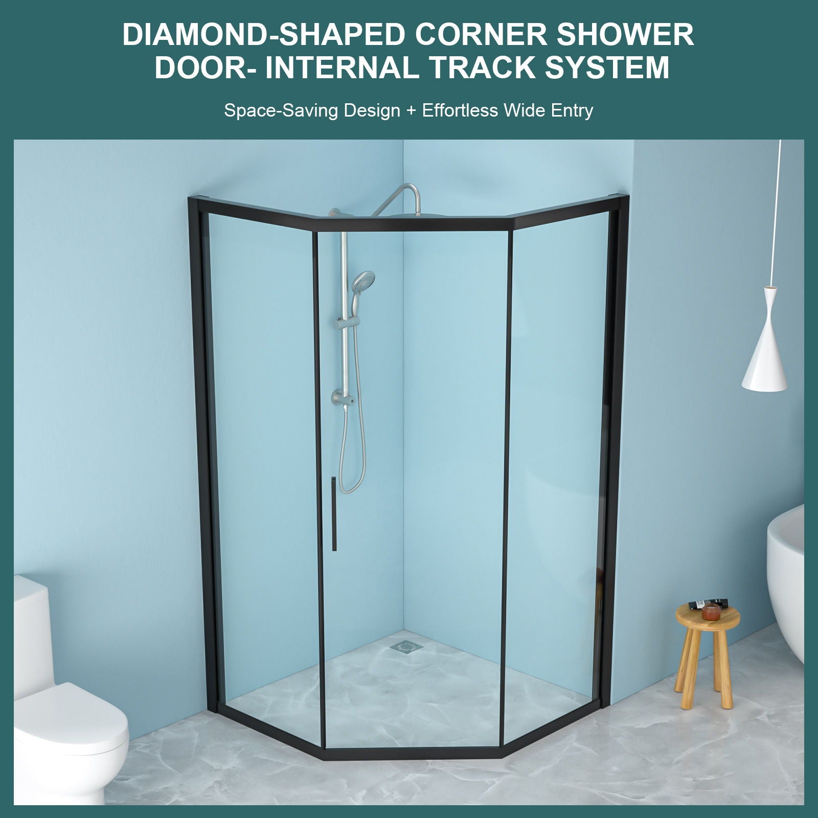 Diamond Shaped Corner Shower Door, Inward Sliding, Stainless Steel Frame