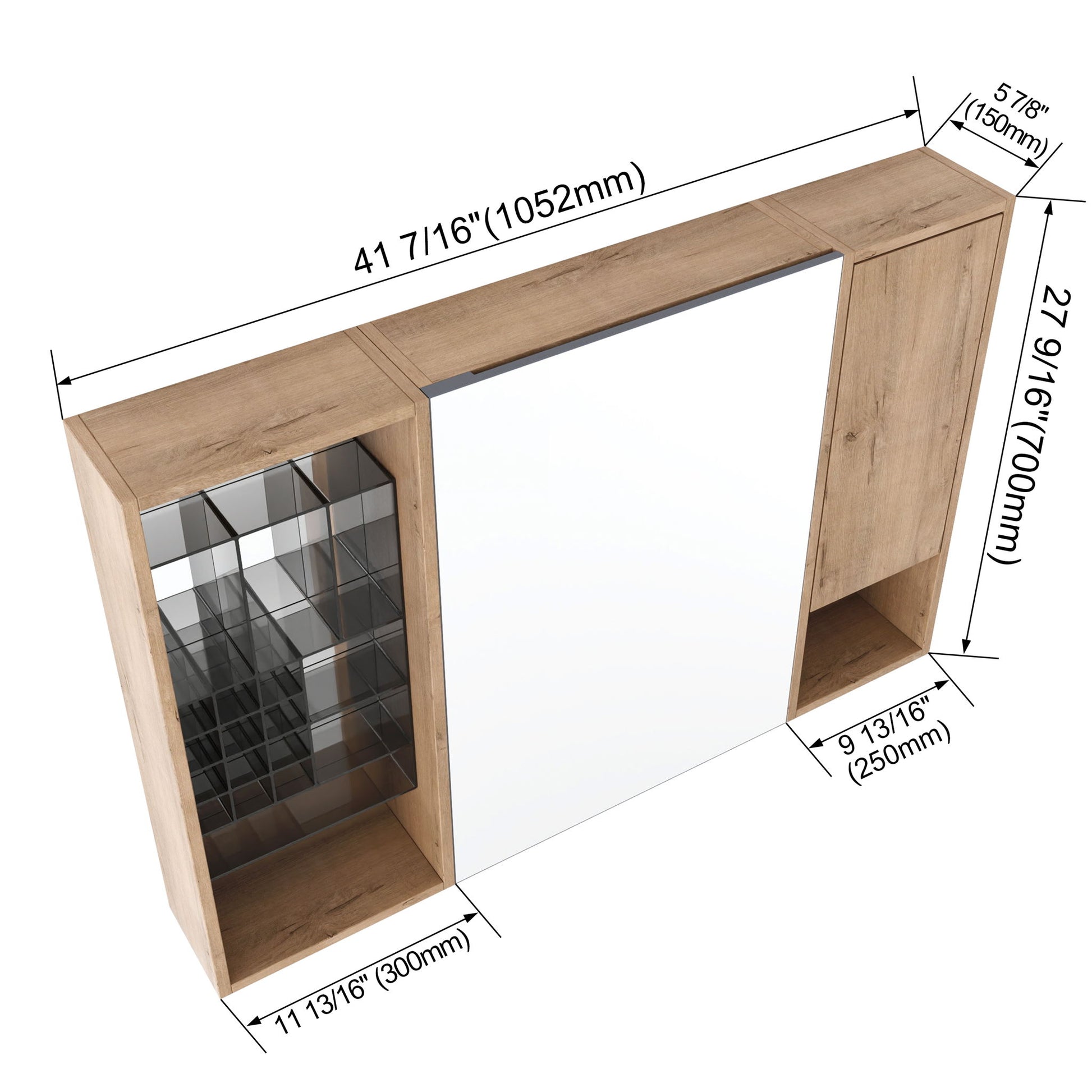 Wall Mounted Bathroom Mirror Cabinet & Adjustable Shelves Storage Cabinet - Imitative Oak