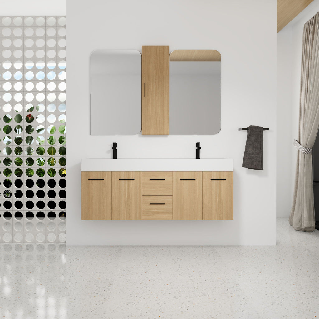 Floating Double Sink Bathroom Vanity Set With Tall Linen Cabinet, Drawers And Doors, Extra Large Storage, Integrated Sink, Soft Close Hardware - Glossy White / Light Oak