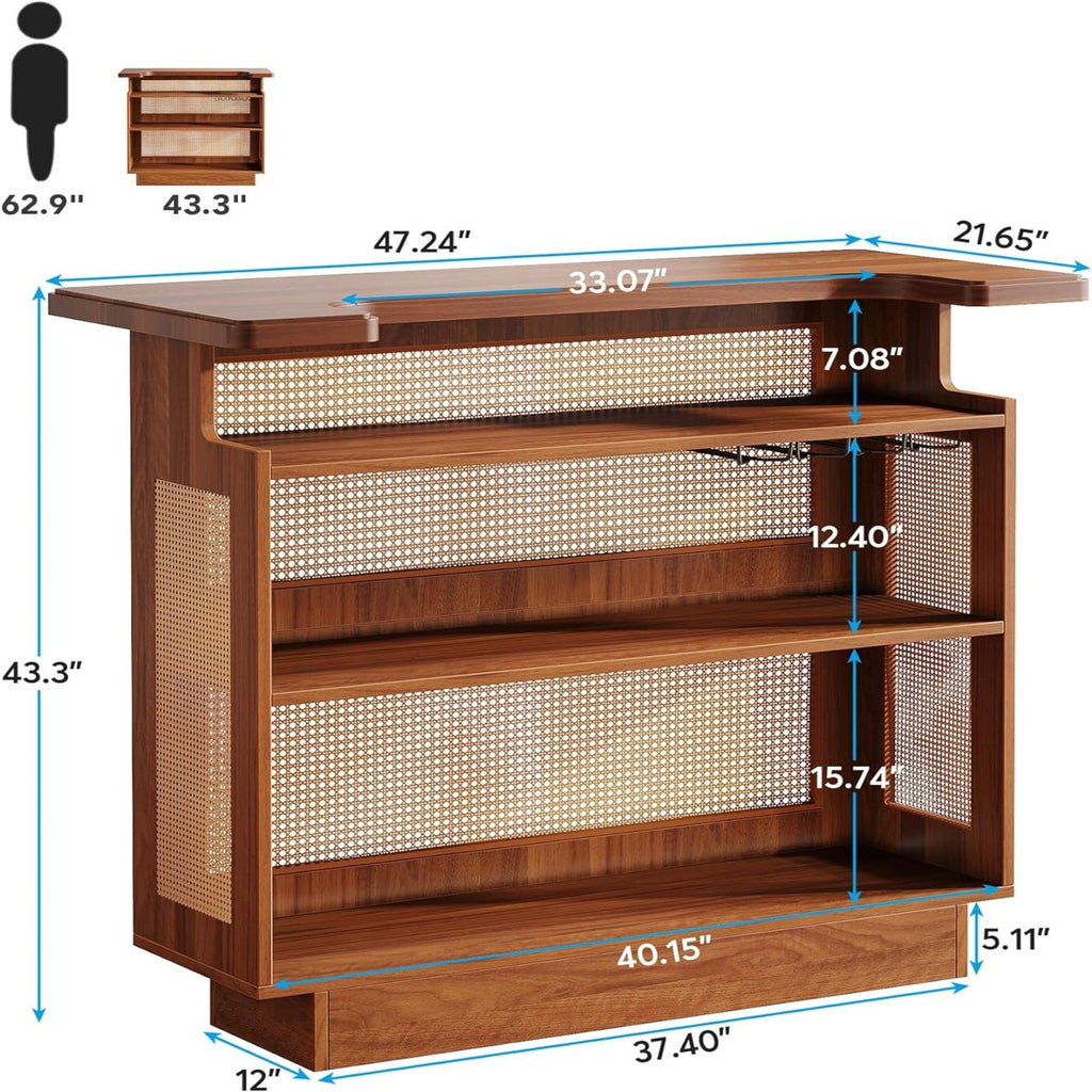 Home Bar Unit With 4 Tier Storage And Stemware Racks For Living Room - Brown