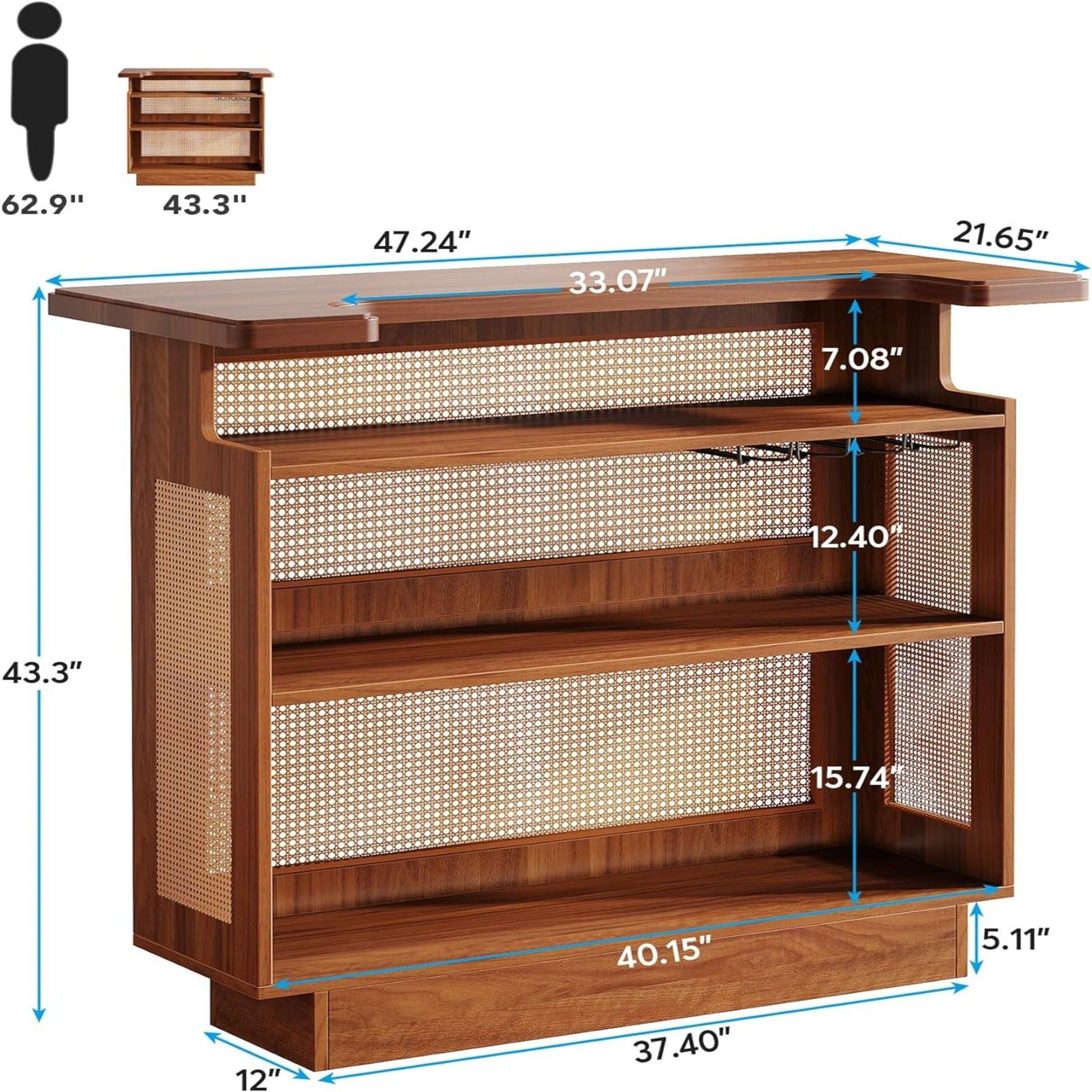 Home Bar Unit With 4 Tier Storage And Stemware Racks For Living Room - Brown