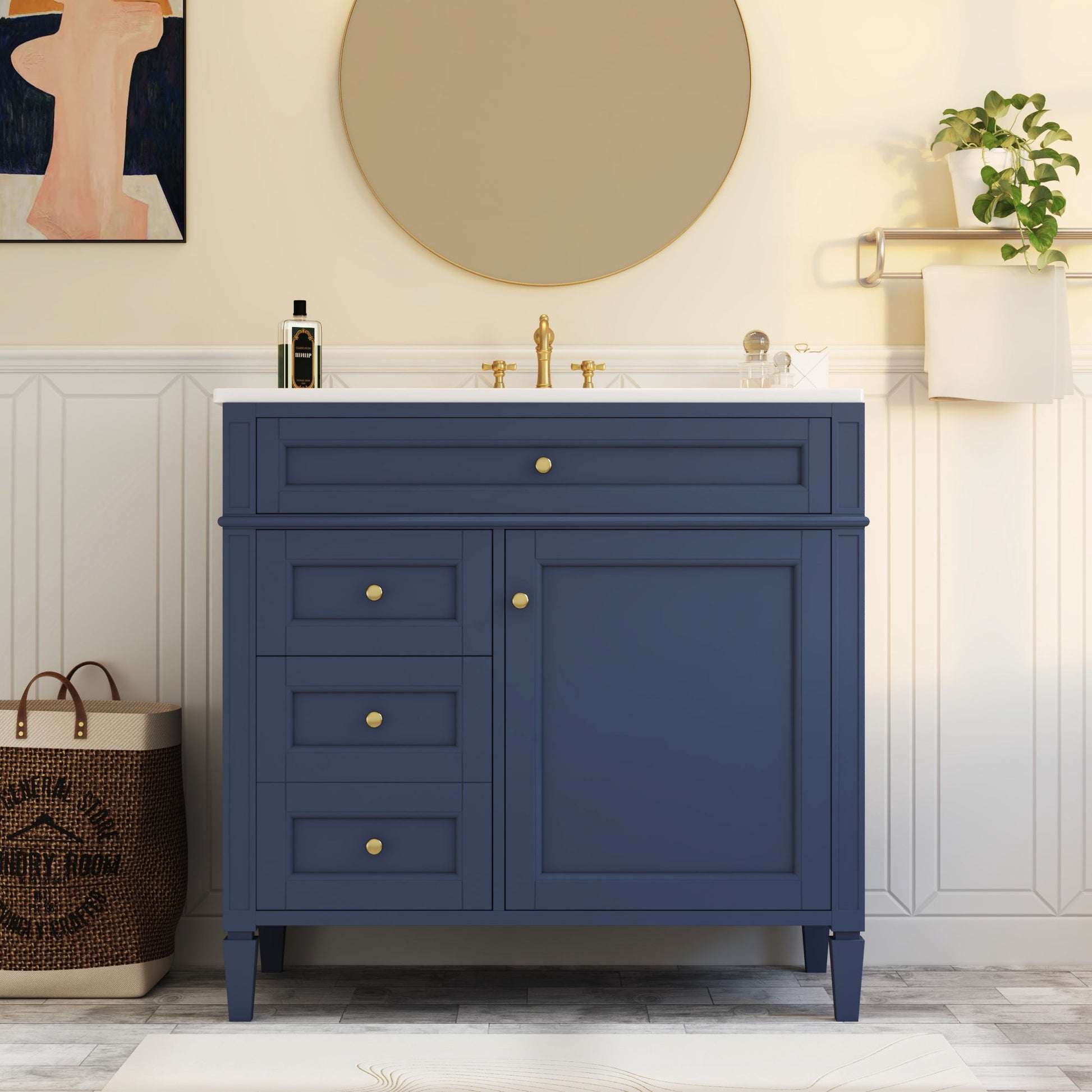 Bathroom Vanity With Top Sink, Modern Bathroom Storage Cabinet, 2 Drawers And A Tip-Out Drawer, Single Sink Bathroom Vanity - Blue