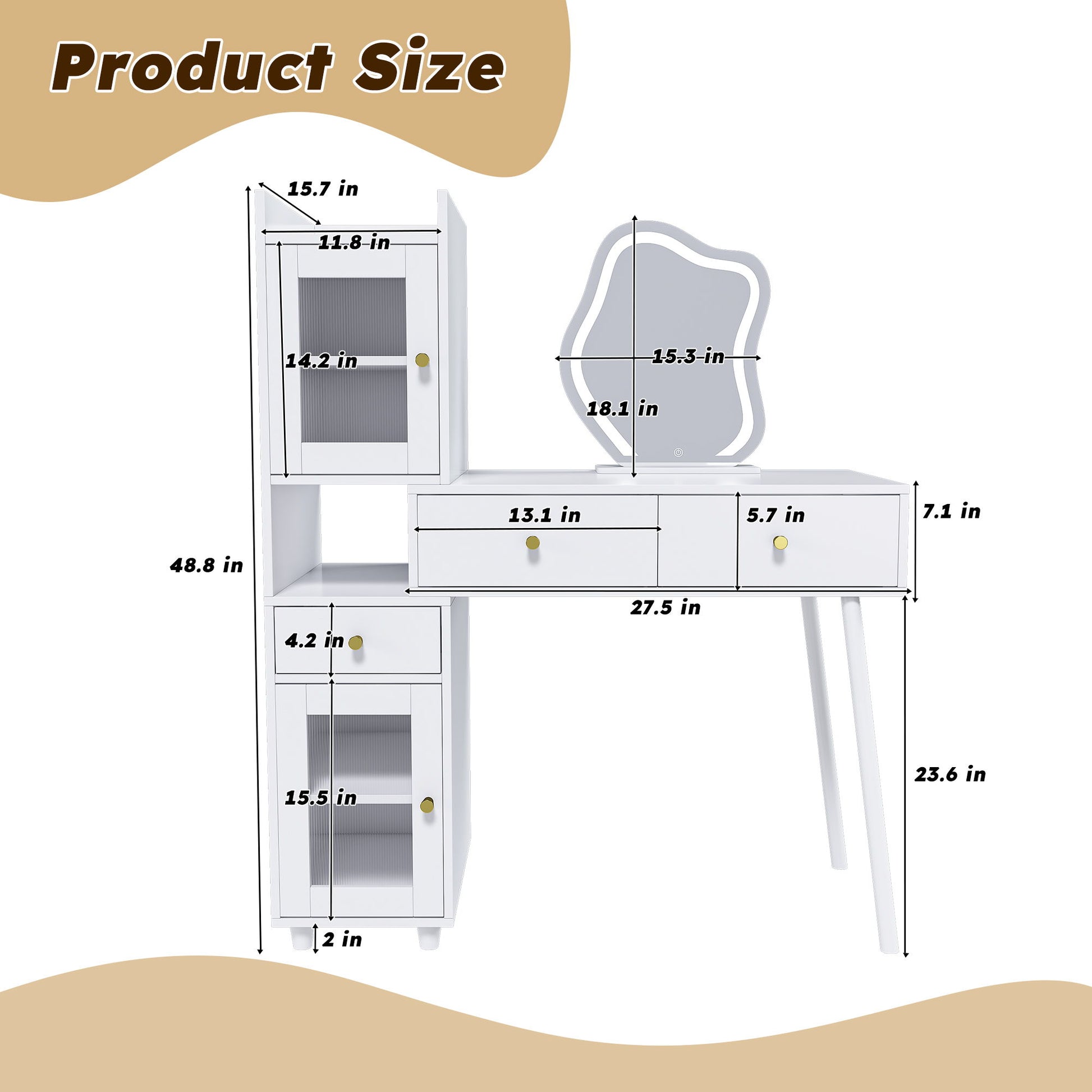 Vanity Dressing Table With LED Mirror & Storage Makeup Desk With 3 Drawers, 2 Open Shelves & 4 Hidden Cabinets - White