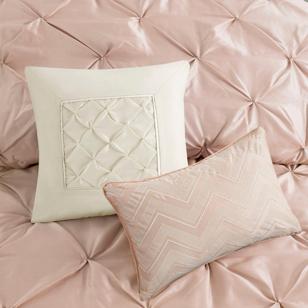 Laurel - California King Pieced Pleated 7 Piece Tufted Comforter Set - Blush