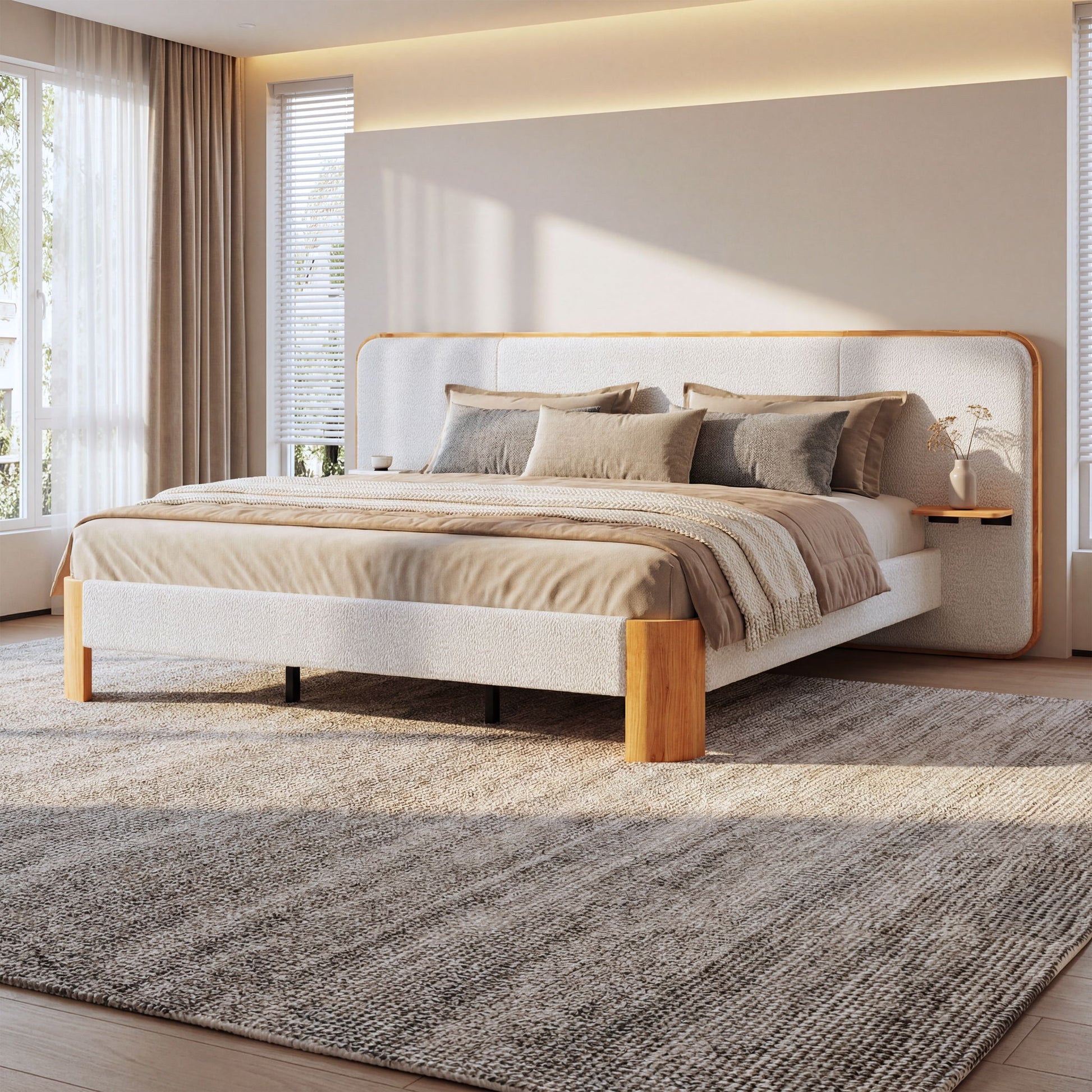 Upholstered Platform Bed Frame With Curved Headboard, Built-In Floating Shelves