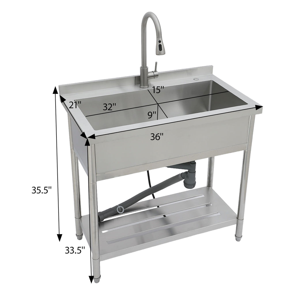 Stainless Steel Freestanding Utility Sink With Pull Out Faucet, Large Single Bowl - Brushed Nickel