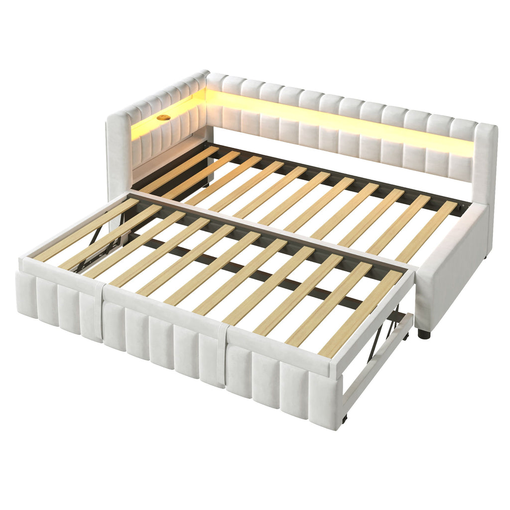 Upholstered Daybed With LED Lights, USB Charging, Pull Out Trundle Bed