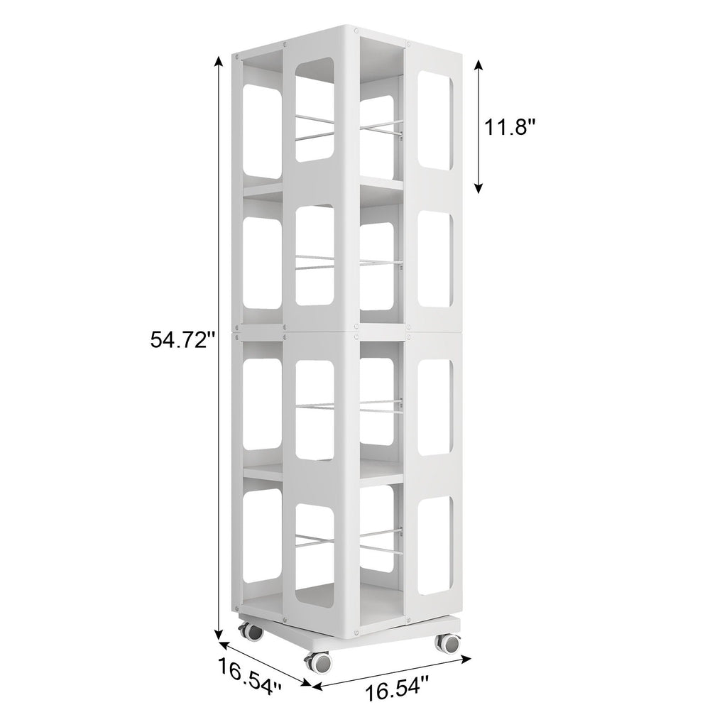 4 Tier All Steel Rotating Bookshelf With 360° Wheels, Large Size Sturdy & Spacious Book Rack, New Style Bookshelf - White
