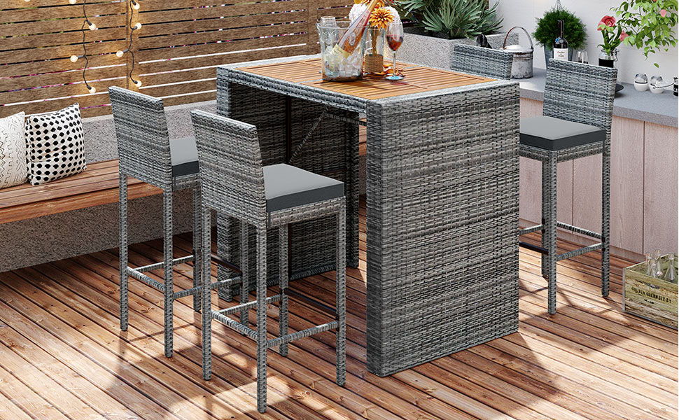 5 Pieces Outdoor Patio Wicker Bar Set, Bar Height Chairs With Non-Slip Feet And Fixed Rope, Removable Cushion, Acacia Wood Table Top - Brown / Gray
