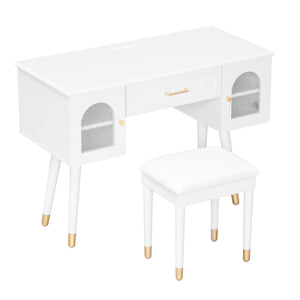 Elegant Vanity Makeup Table & Chair Set Modern Dressing Table With Organizer Writing Desk Charging Port Engineered Wood - White