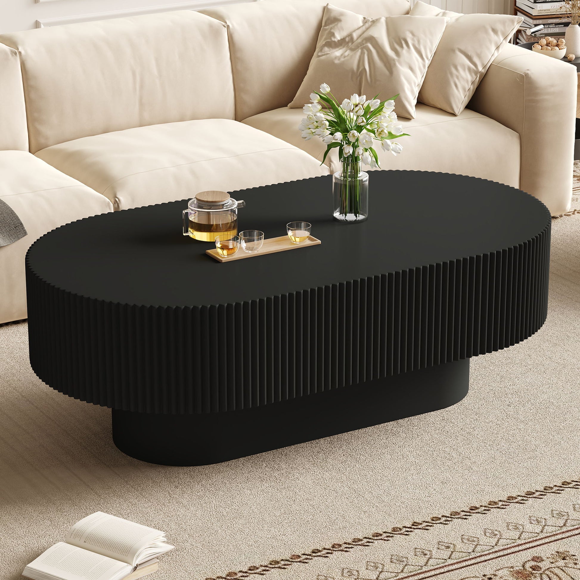 Oval Coffee Table With Thick Tabletop For Living Room