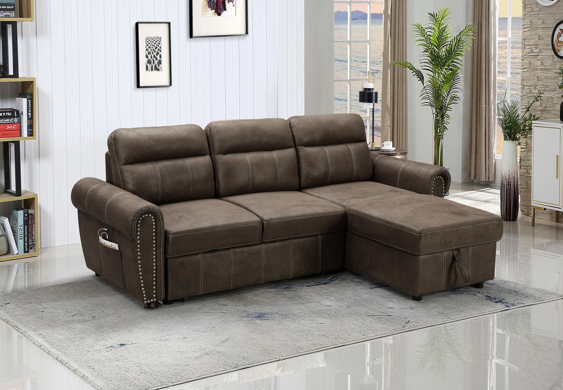 Hugo - Reversible Sleeper Sectional Sofa Chaise With USB Charger - Brown