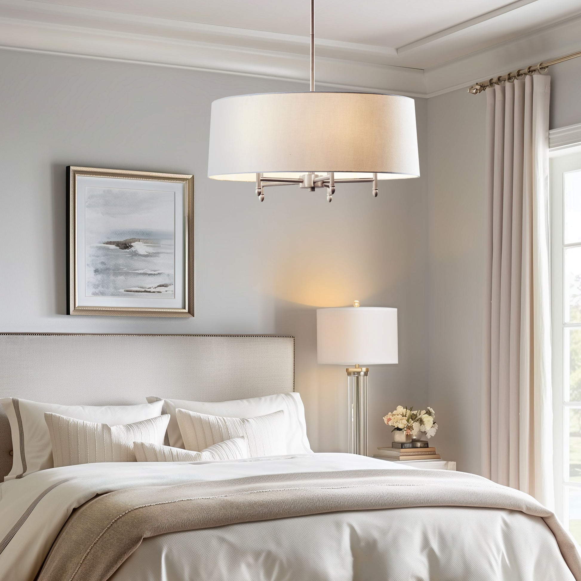 Presidio - 5-Light White Drum Shade Chandelier - Silver / White
