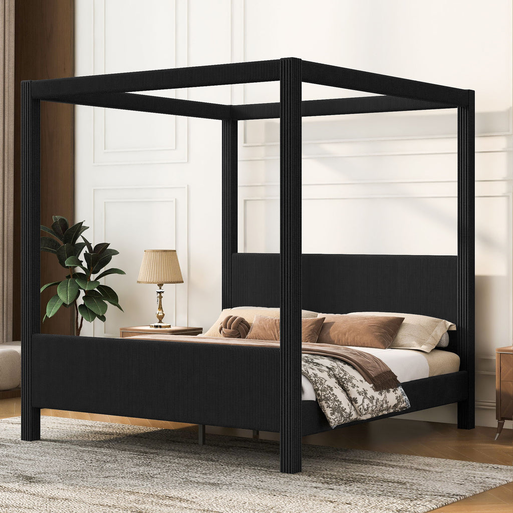 Upholstered Canopy Platform Bed With Headboard And Footboard, Vertical Ribbed Design