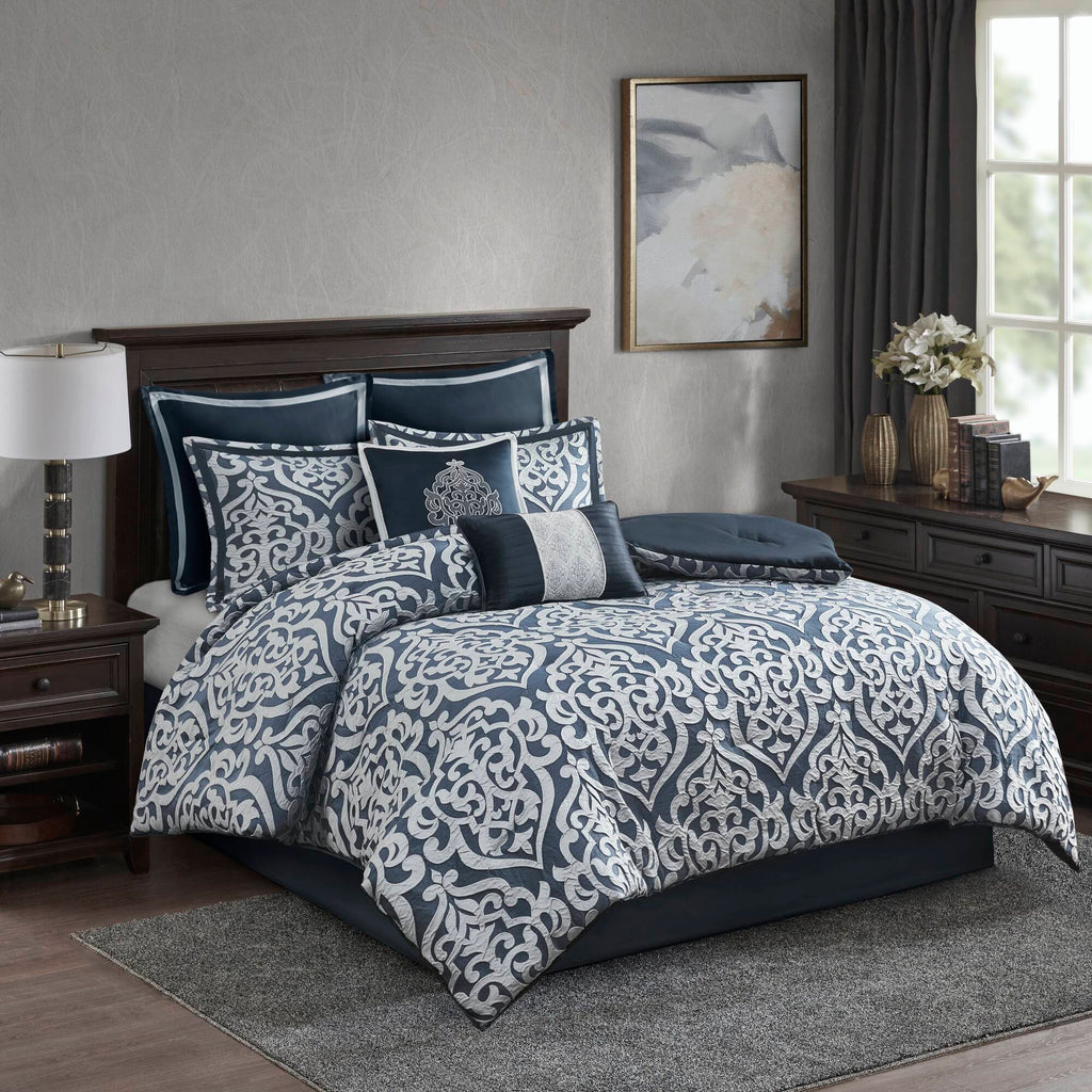 Odette - California King 8 Piece Comforter Set - Navy