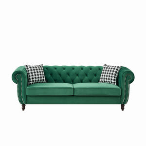 Mid Century Chesterfield Velvet Fabric Sofa With Roll Armrest & Nailhead, Green, 87 Inches