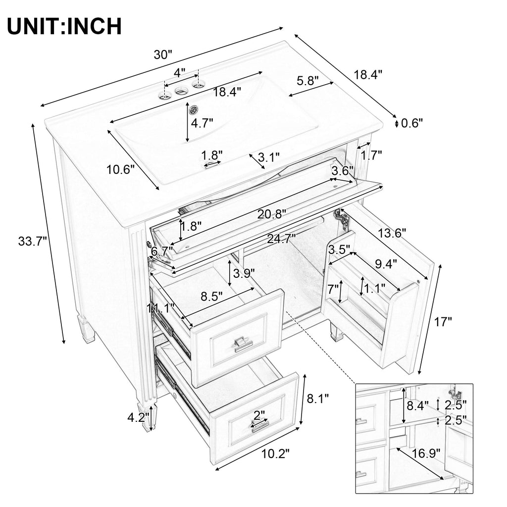 Modern Bathroom Vanity With Sink, 1 Flip Drawer And 2 Drawers, Adjustable Shelf