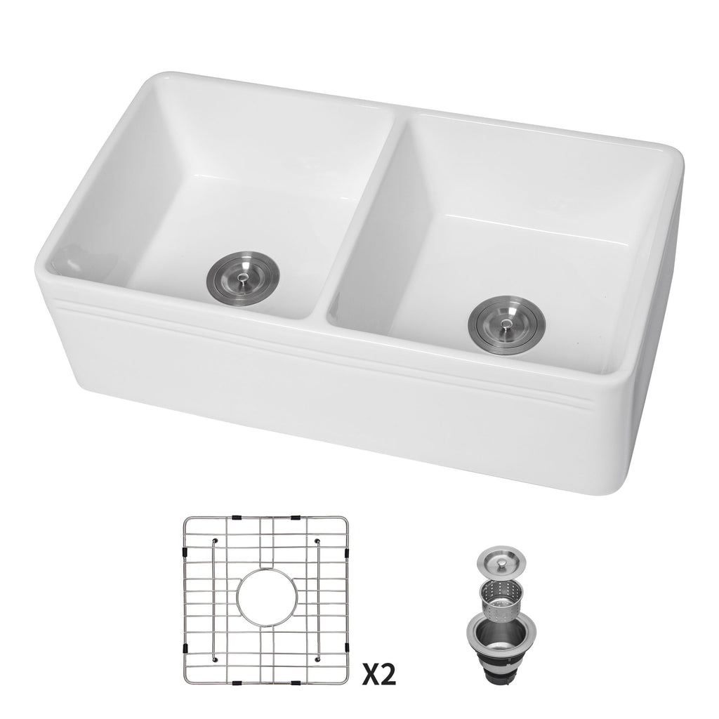 Sink 33" Double Bowl Apron Front Kitchen Sink 50 / 50 - White