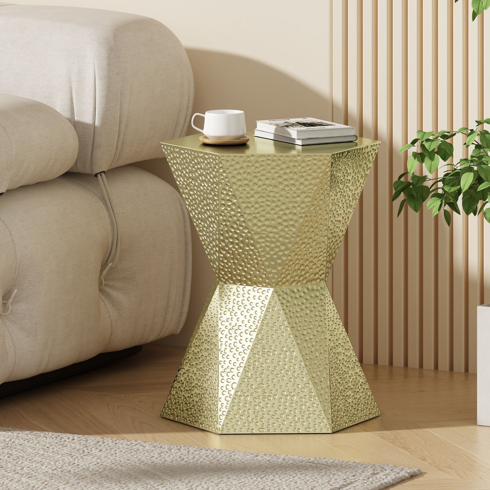 Modern Hexagon Side Table With Knockout Pit Texture - Gold