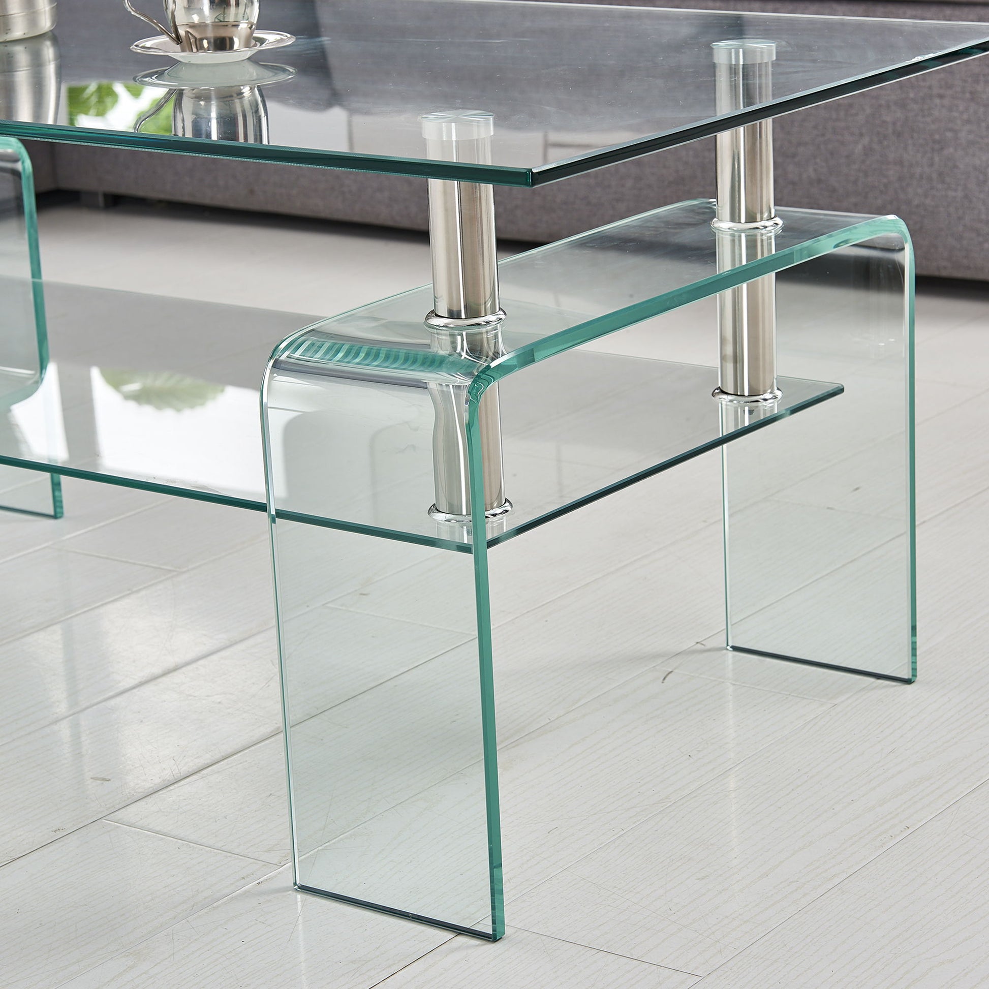 Modern Tempered Glass Coffee Table With 2 Tier Storage For Living Room