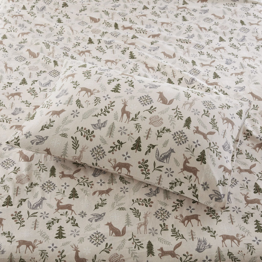 Cozy Flannel - 4 Piece California King Printed Sheet Set - Tan land Winter