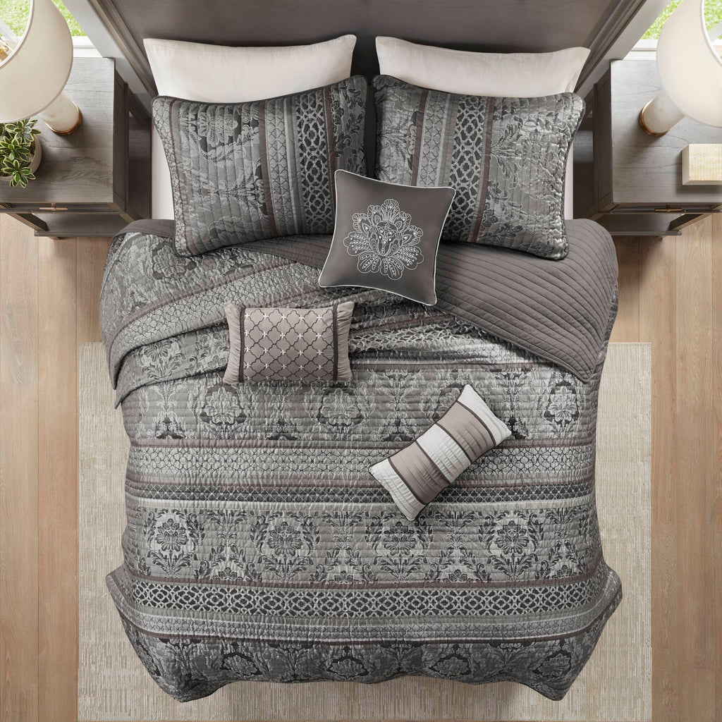 Bellagio - 6 Piece Full/Queen Quilt Set With Throw Pillows - Gray