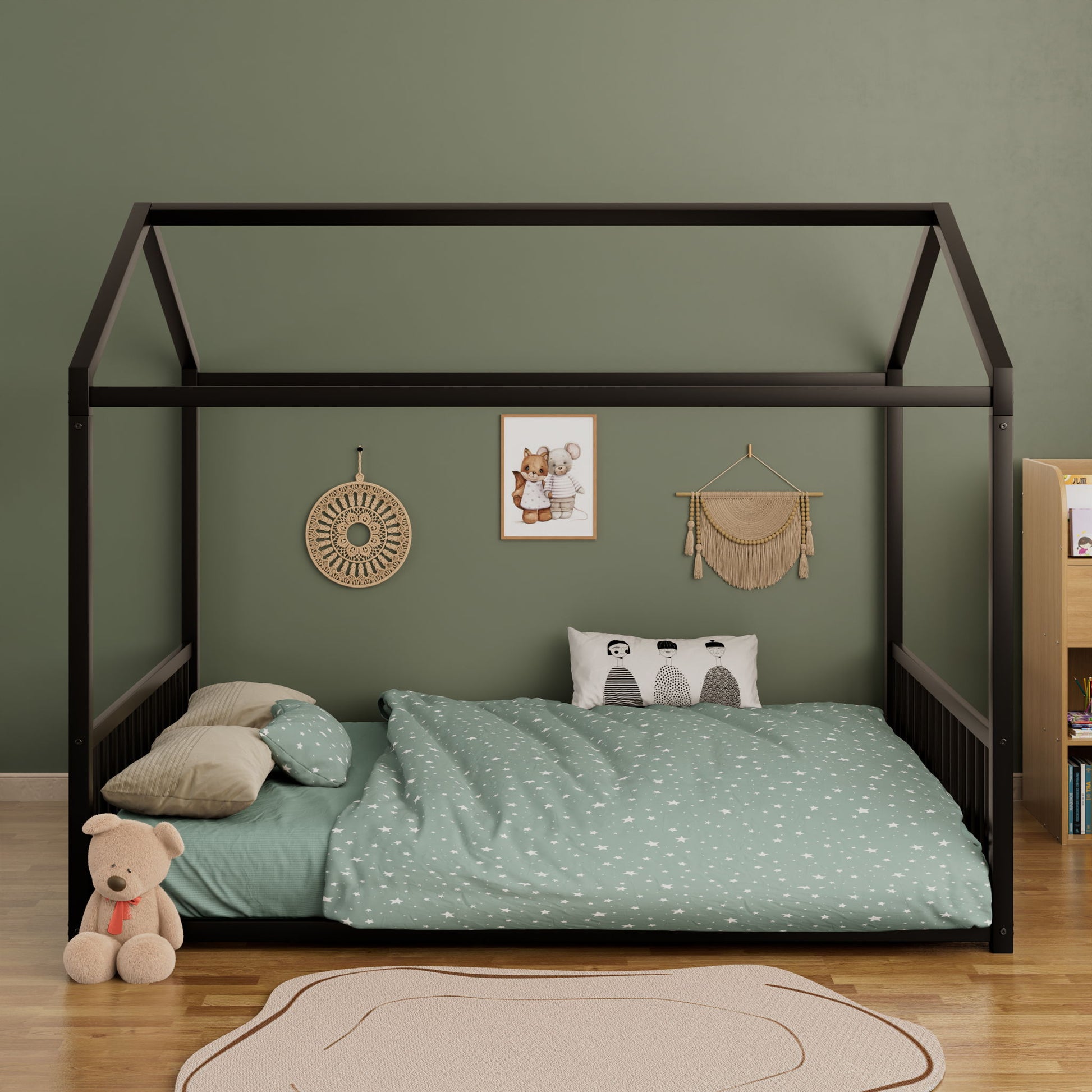 Montessori Style Floor House Shaped Bed With Safety Guardrails