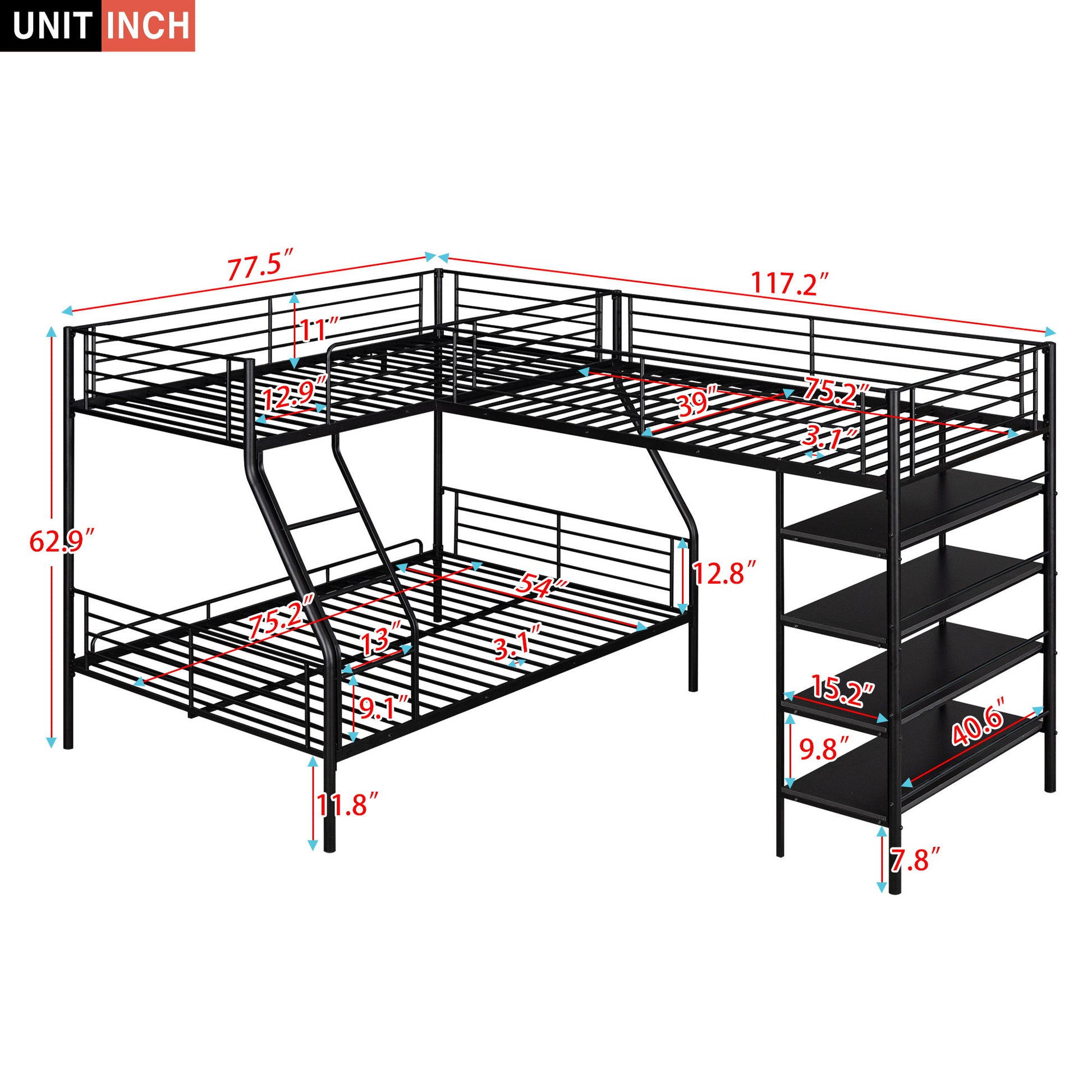 L-Shaped Twin Over Full Bunk Bed And Twin Loft Bed With 4 Built In Shelves - Black