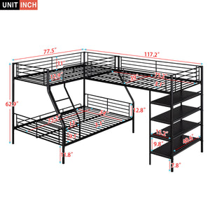 L-Shaped Twin Over Full Bunk Bed And Twin Loft Bed With 4 Built In Shelves - Black