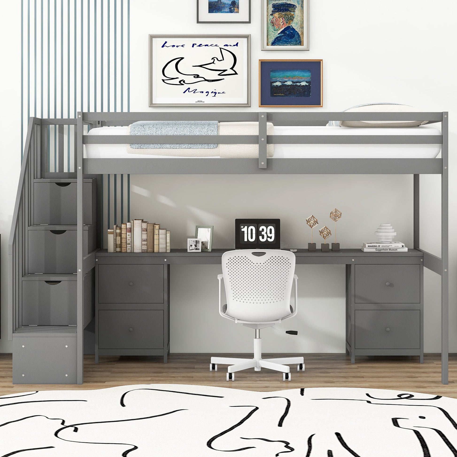 Loft Bed Frame With Built In Desk And Double Storage Drawers