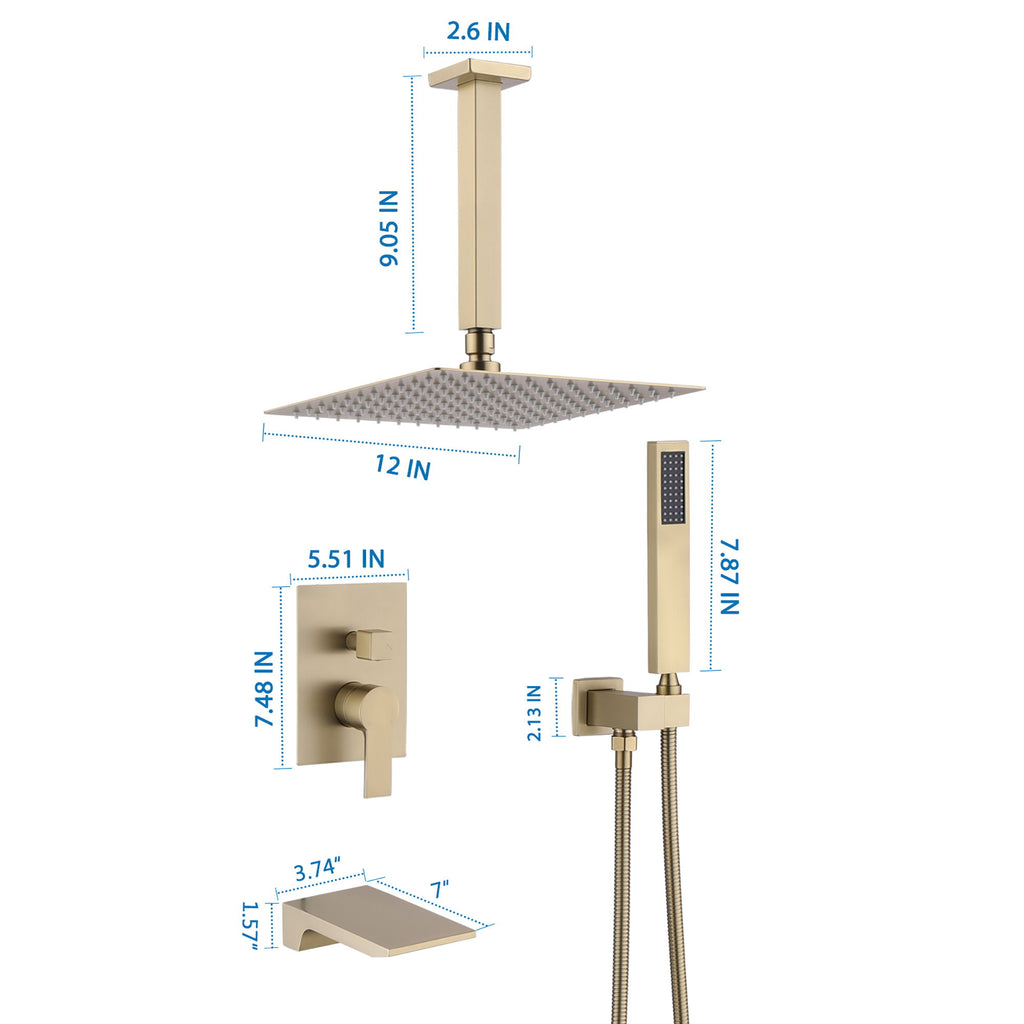 Contemporary Shower System With 12" Rainfall Head And Handheld Spray, Wall Mounted
