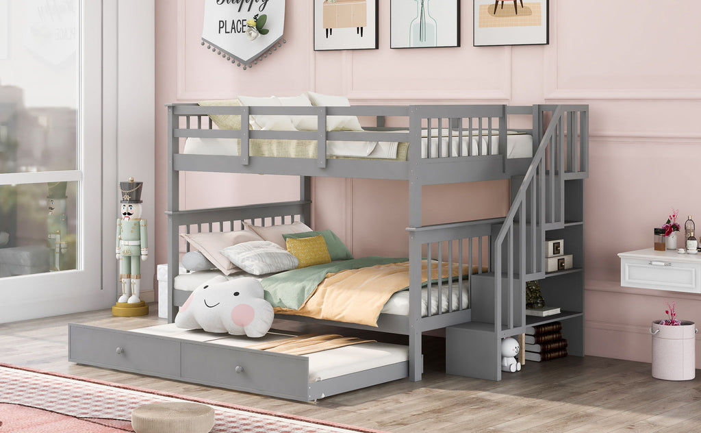 Stairway Bunk Bed With Storage And Guard Rail For Bedroom
