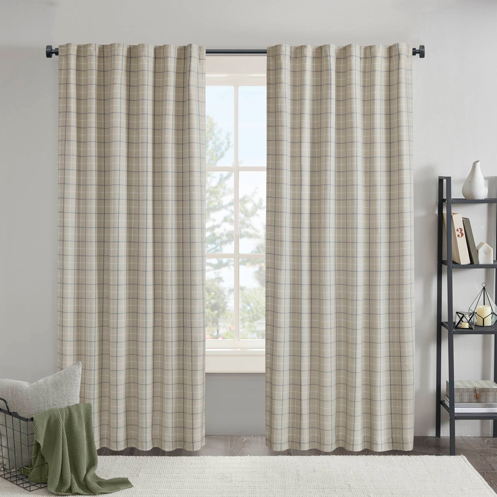 Anaheim - 50x108" Plaid Rod Pocket And Back Tab Curtain Panel With Fleece Lining - Linen Blue