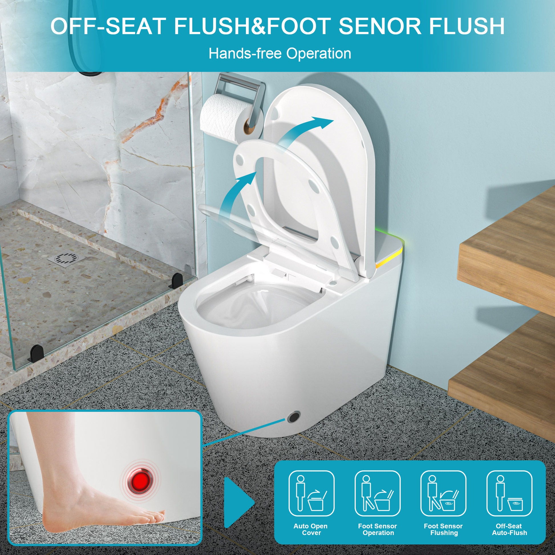 Smart Toilet With Bidet Built In, Auto Open & Close, Elongated Heated Seat, Foot Sensor Flush, LED Display, Warm Water Wash - White