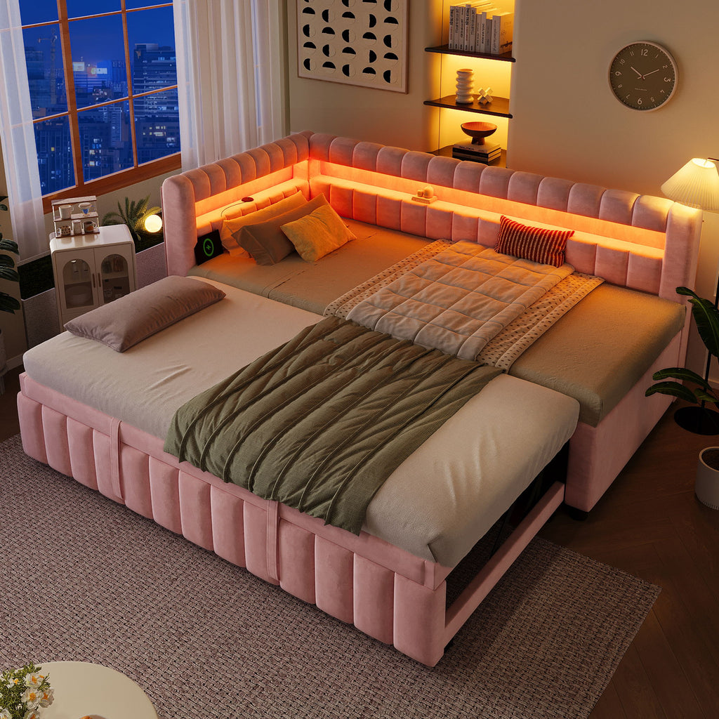 Upholstered Daybed With LED Lights, USB Charging, Pull Out Trundle Bed