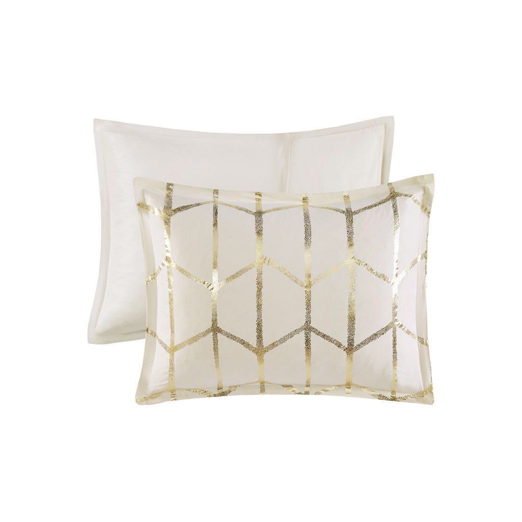 Raina - Twin Metallic Printed Duvet Cover Set - Ivory / Gold