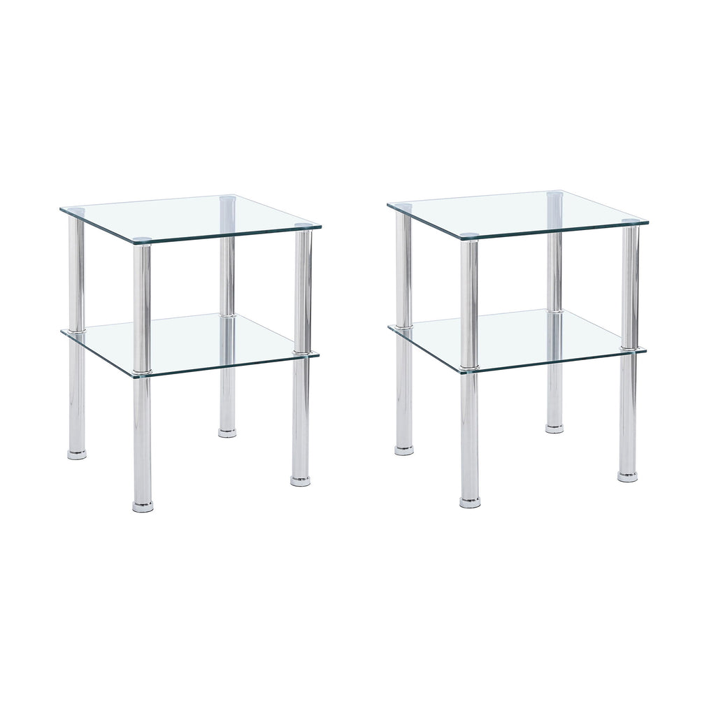 Modern 2 Piece Side Table With Storage Shelf, Tempered Glass, Space Saving Design - Clear