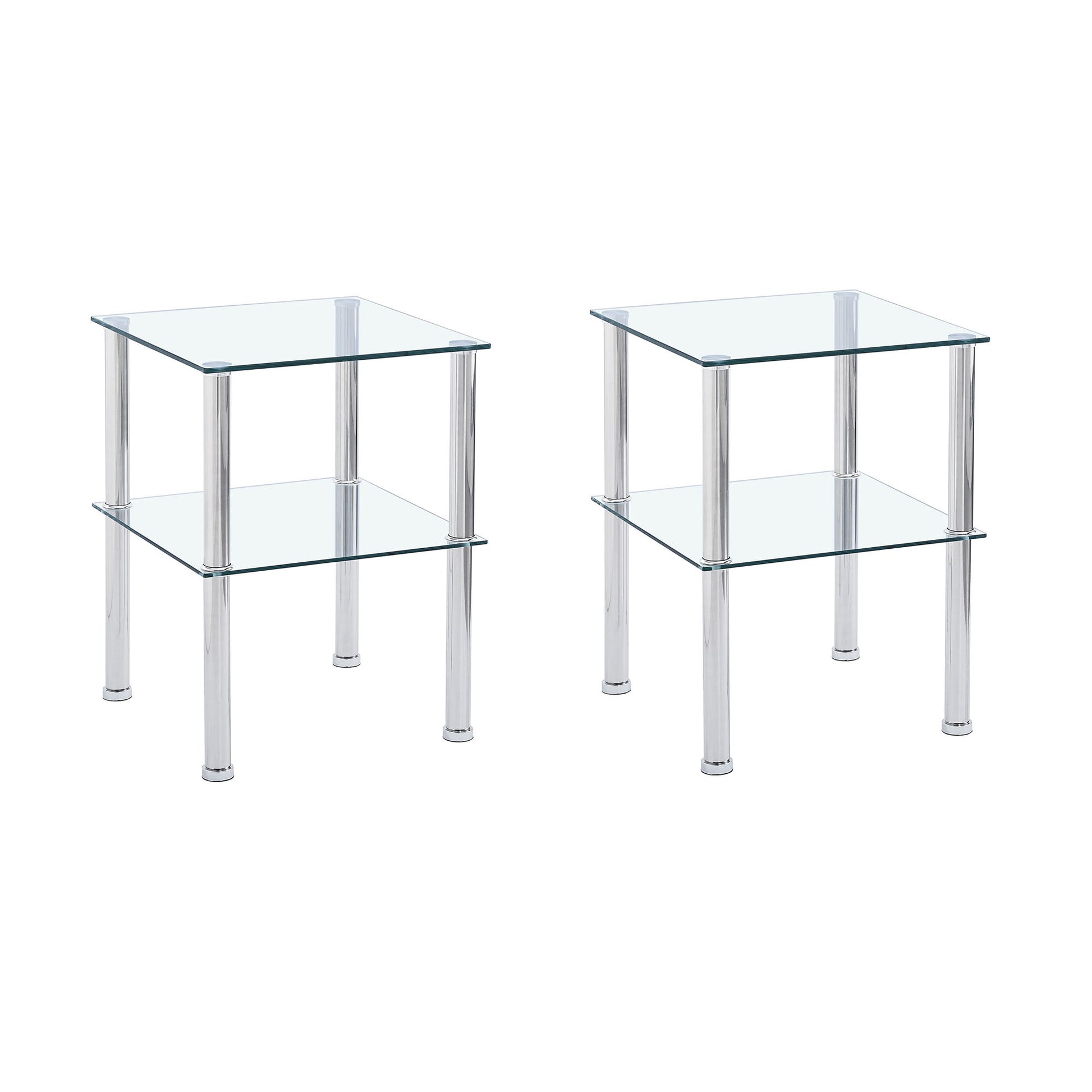 Modern 2 Piece Side Table With Storage Shelf, Tempered Glass, Space Saving Design - Clear
