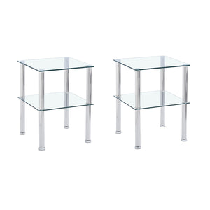 Modern 2 Piece Side Table With Storage Shelf, Tempered Glass, Space Saving Design - Clear
