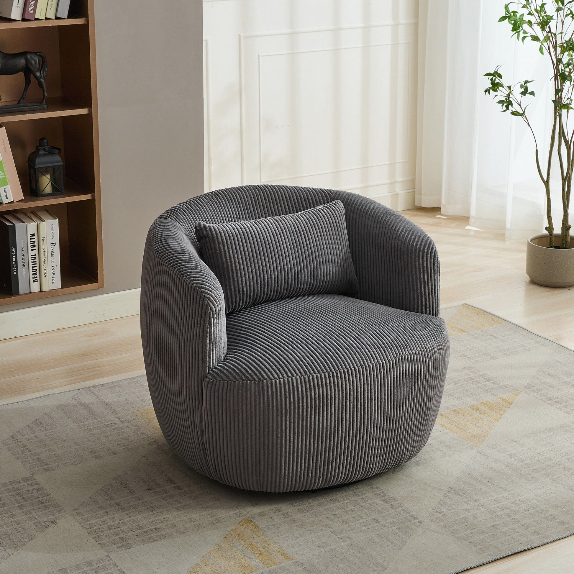 Wide Upholstered Corduroy 360° Swivel Barrel Soft Chair With Pillow