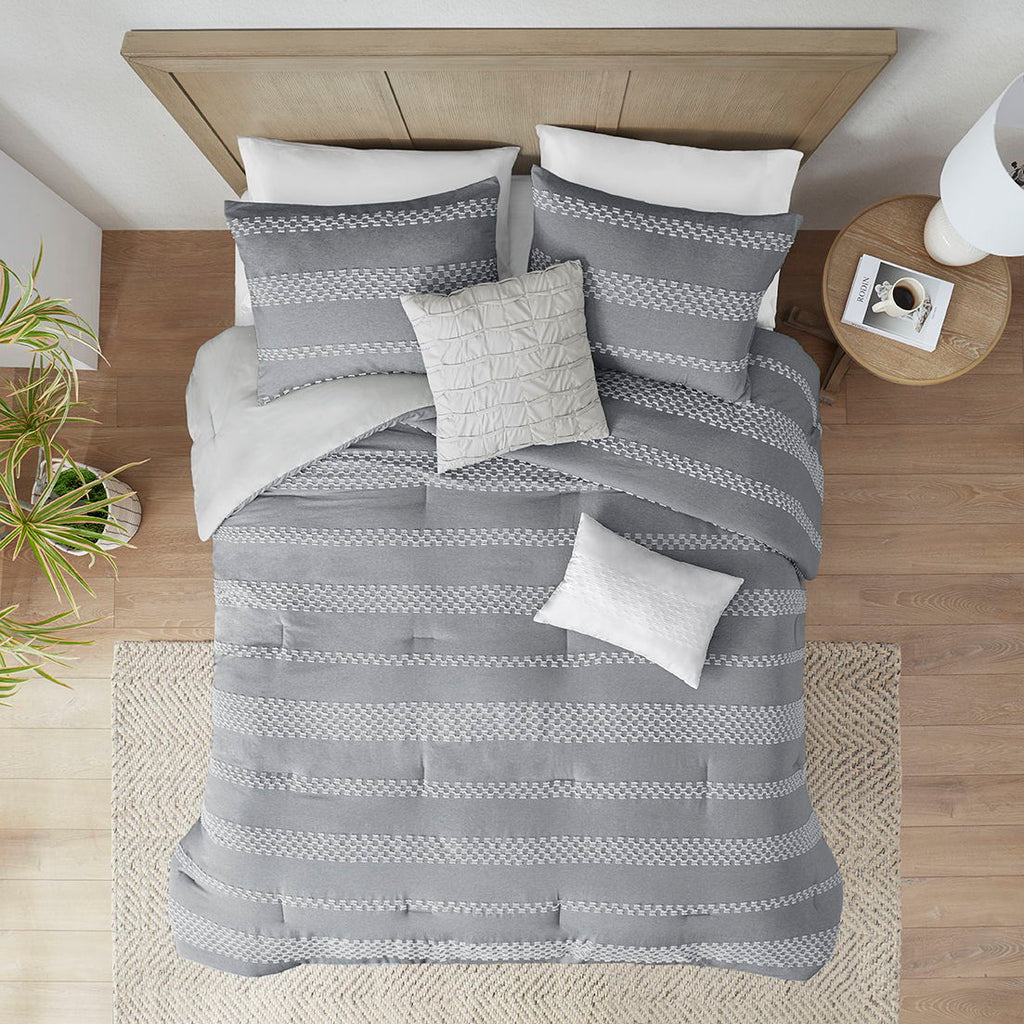 Drew - 5 Piece Full Clipped Jacquard Comforter Set With Throw Pillows - Gray