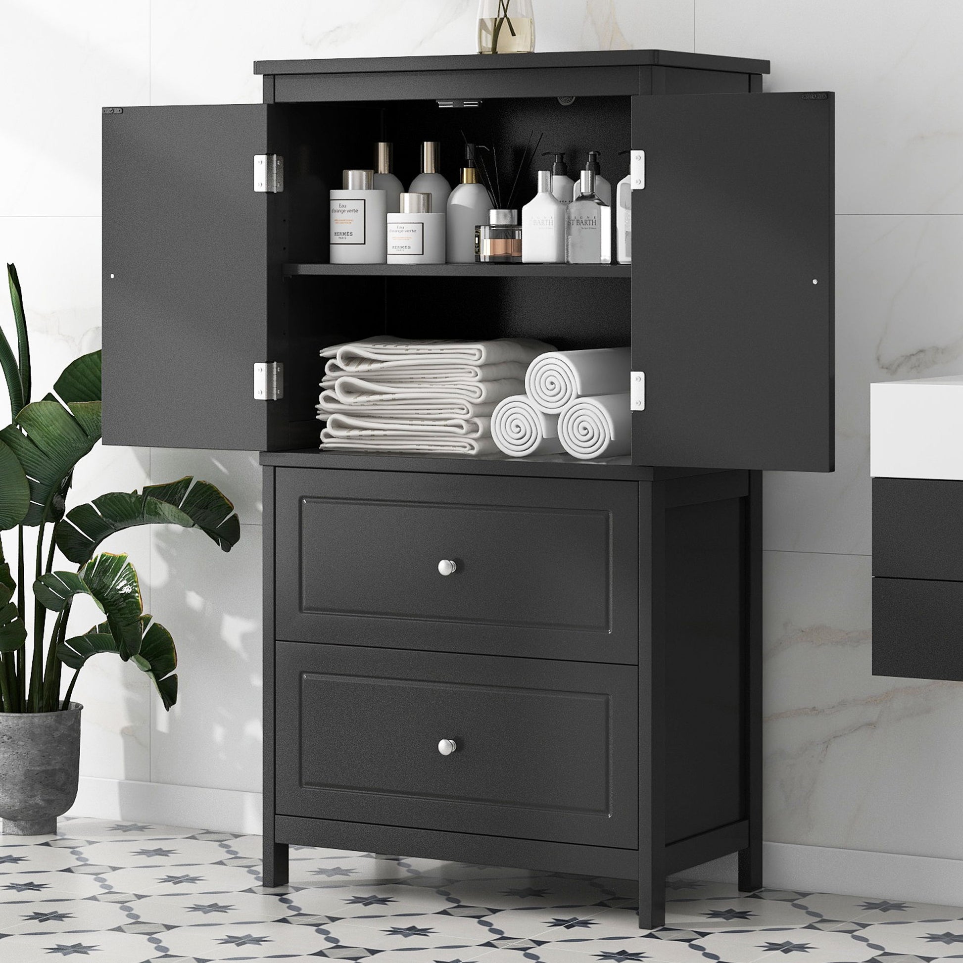Bathroom Storage Cabinet With 2 Doors And Drawers, Adjustable Shelf