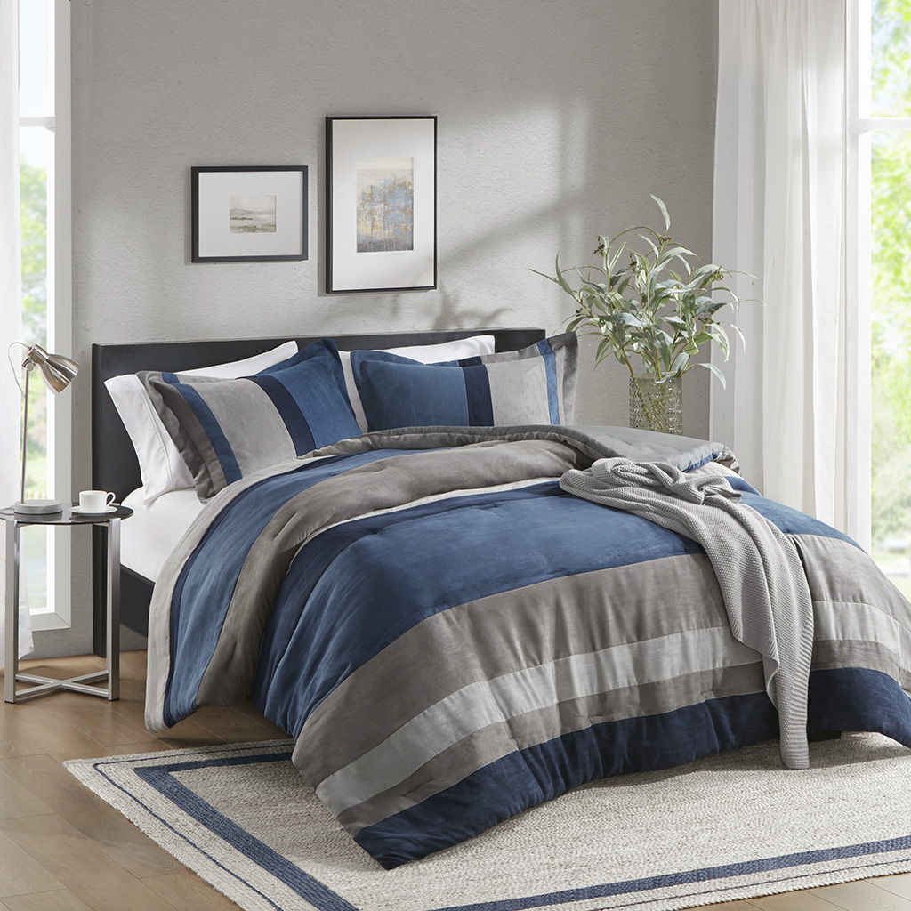 Boulder Stripe - Full/Queen Pieced Comforter Set - Blue